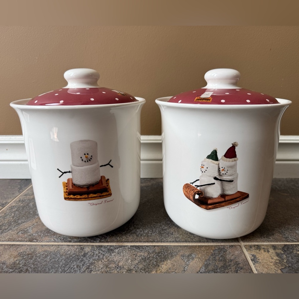 Two NIKKO The Original Smores Midwest Christmas Holiday Canisters w/Lid Japan